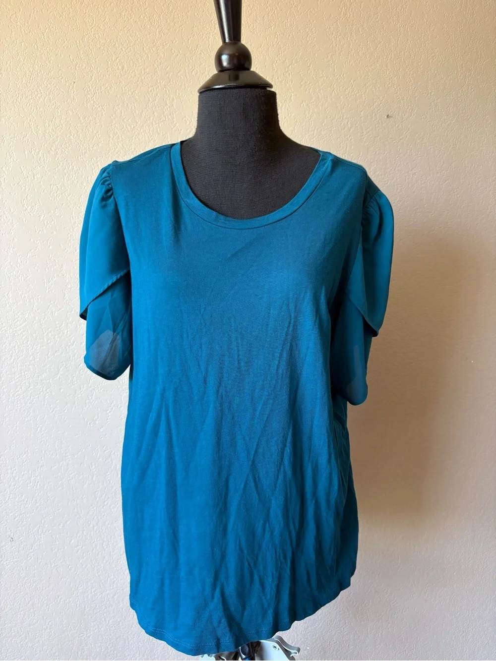 Michael Kors XL Teal Shirt Short Petal Sheer Sleeves Office